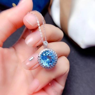 Trending Simulated Aquamarine Topaz Sunflower Pendant Necklace with Full Diamond Design for Women