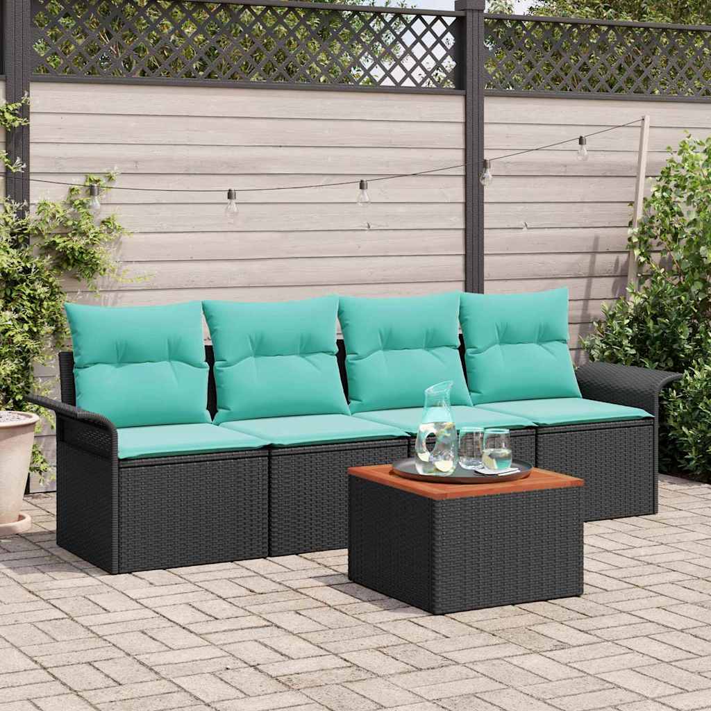 Garden Sofa Set 5 pcs Black and Turquoise Poly Rattan