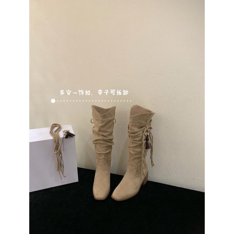 

2025 retro wasteland fringed knight boots thick heel but knee boots women s thin pleated stacked high boots 39 хаки