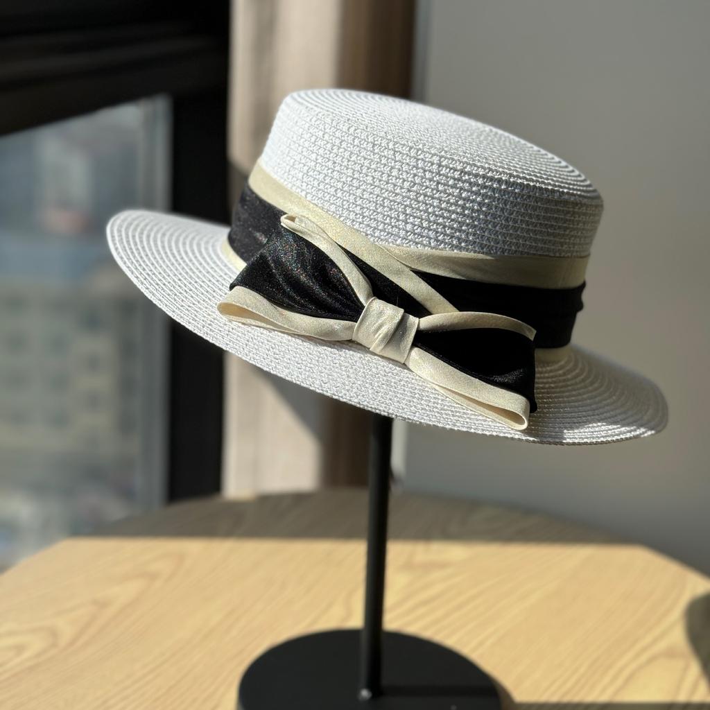New Straw Woven Flat Top Top Hat Bow Straw Hat Summer Outing Seaside Sunshade and Sun Protection