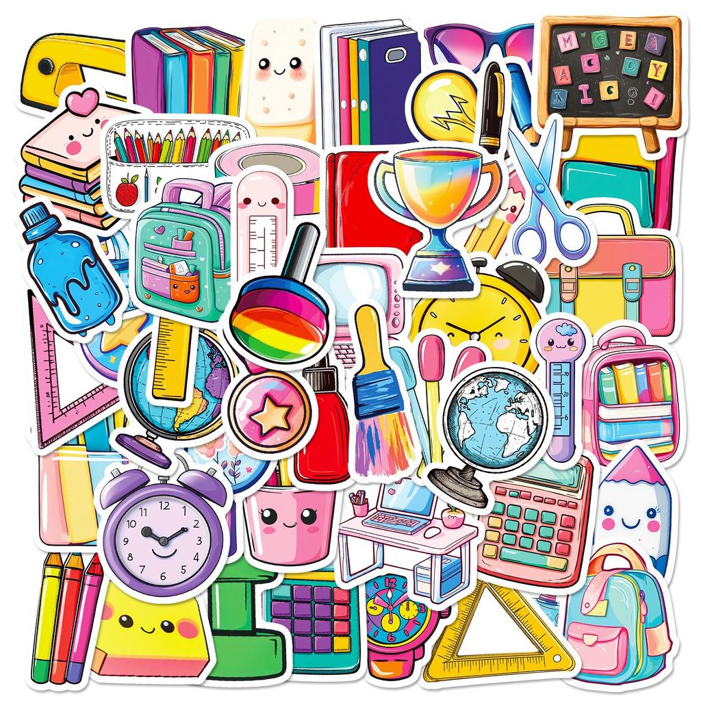 50 Creative Hand-painted Various Stationery Graffiti Stickers Book Pencil Alarm Clock No Repetition Decorative Stickers