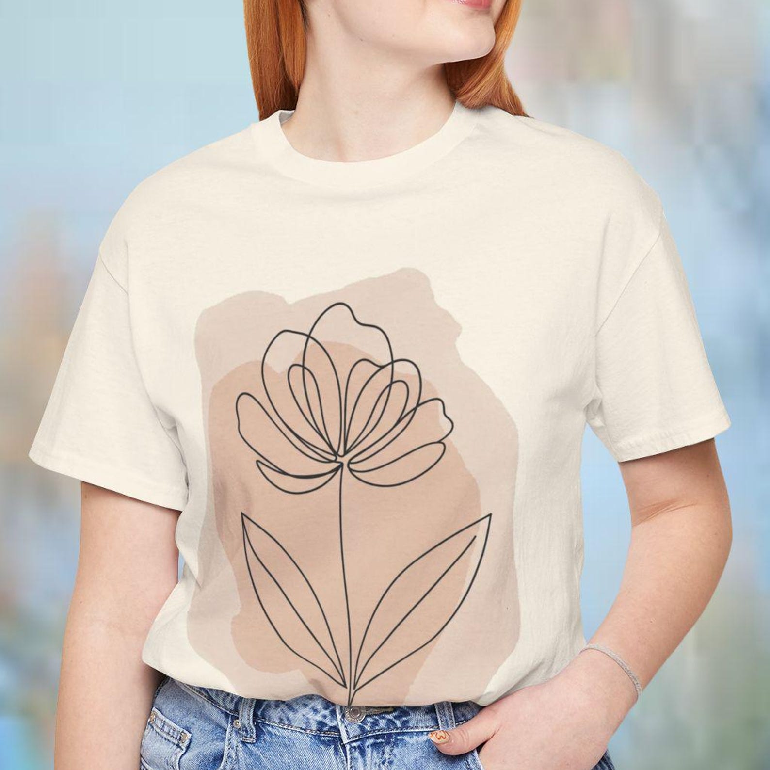 Japandi Floral Line Art T shirt, Minimal Botanical Japanese Design Tee, Neutral Earth Tone Tee, Calm Modern Nature Shirt, Flower Lovers Tee L