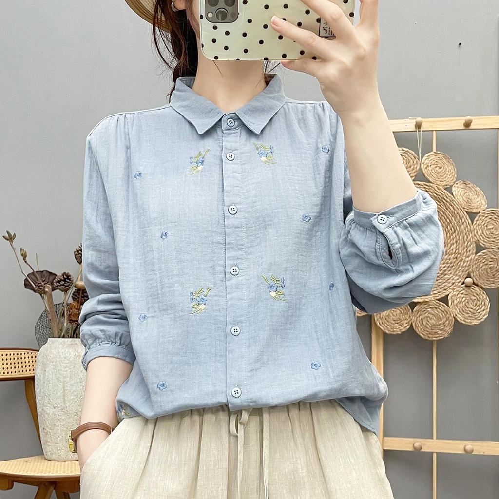 Women's Forest Style Cotton Gauze Shirt: Long Sleeve, Soft, Breathable, with Fresh Floral Embroidery