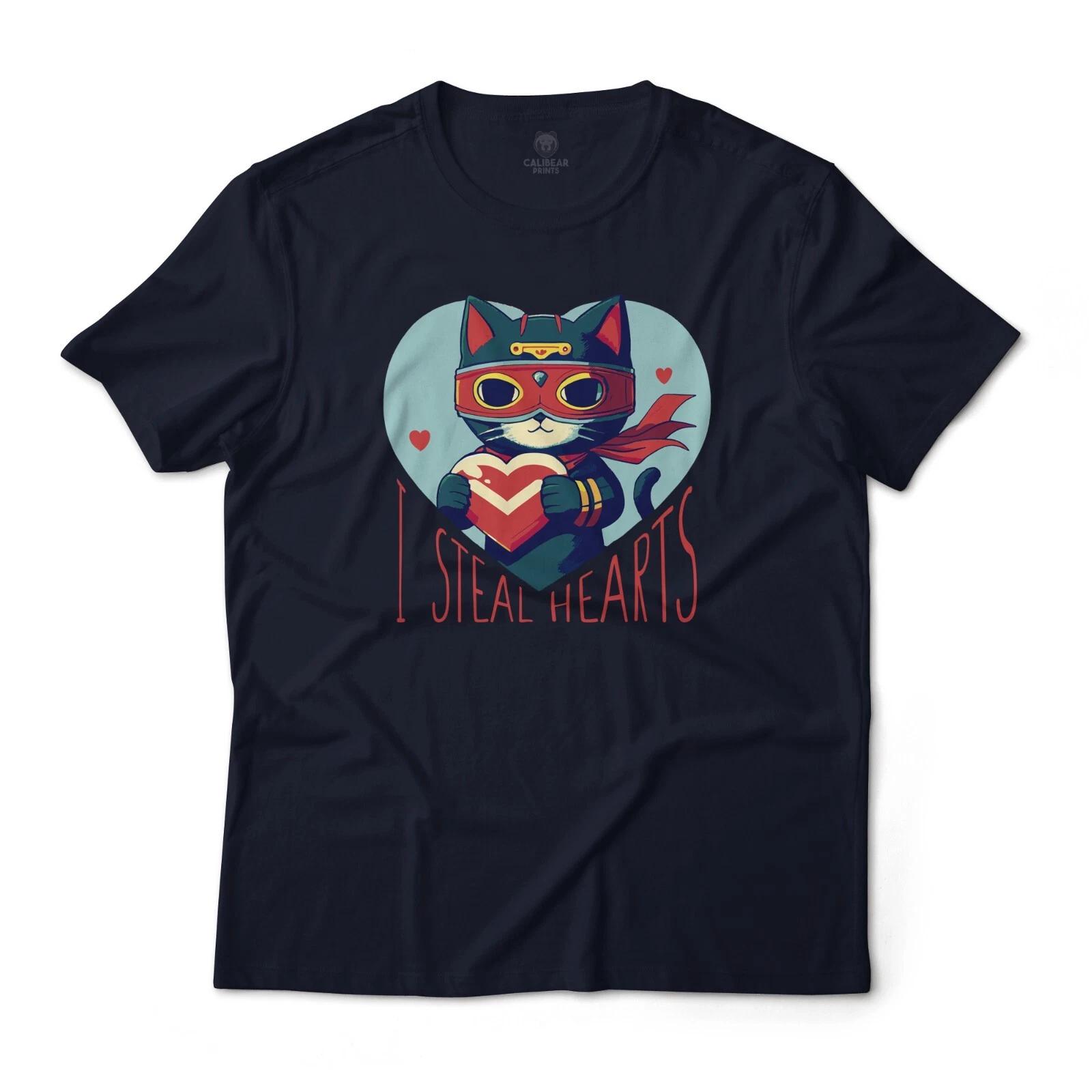 

Bandit Cat Stealer of Hearts Cute Art Graphic T-T-Shirt Lightweight Cotton Tee XL