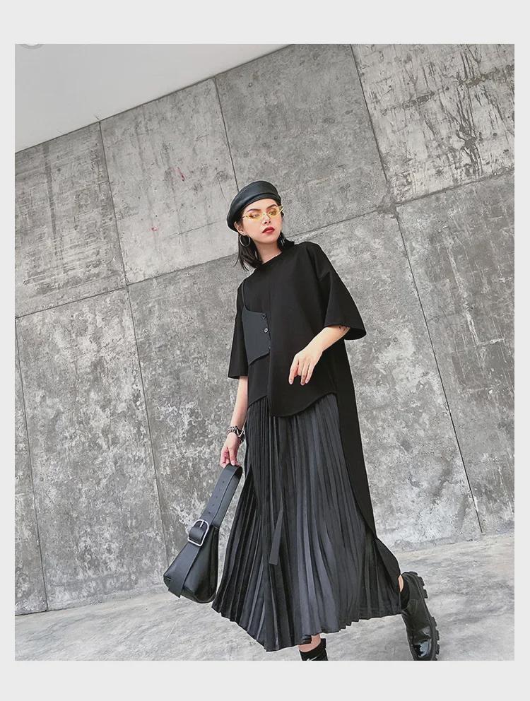 Women's Japanese Dark Style Two-Piece Set: Irregular Short Sleeve Top & Pleated Midi Skirt.