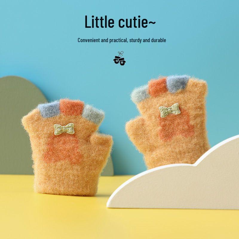 Cartoon Cute Half-Finger Knitted Baby Gloves for Toddlers (0-2 Years), Autumn & Winter, Plus Velvet