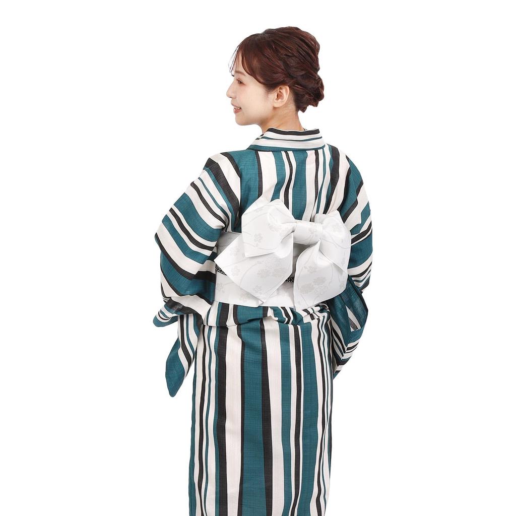 Fuuka Yukata Set with Free Made in X14B25LRWH Two-Piece Pre-Obi, Two-Piece Set, Women's, Size, Striped, Blue-Green (Pre-Obi Ribbon, Japan, White)