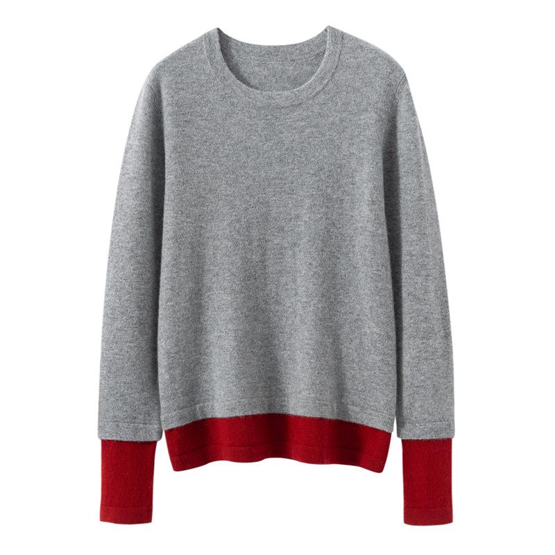 Two-Piece Look Cashmere Sweater - Women's Autumn/Winter 2026 Round Neck Color Block, Versatile, Loose-Fit with Slimming Effect.