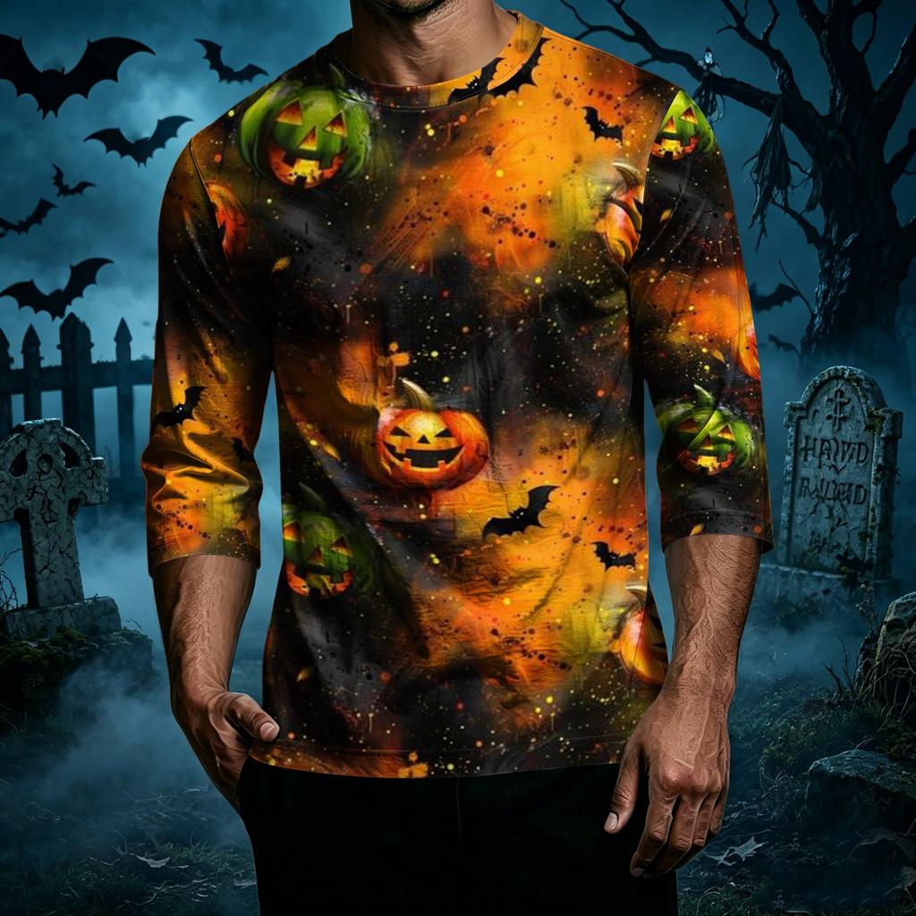Men's Casual Halloween Pumpkin Print Raglan Sleeve T-Shirt Crew Neck Three Quarter Sleeve Top Lightweight Comfortable Fit