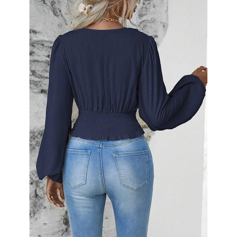 Wiosna Jesień Casualowy Damski Top Modny Kolekcja Talii Seksowny Dekolt V Rękaw Torba Jednolity Kolor Zmarszczony Top z Długim Rękawem