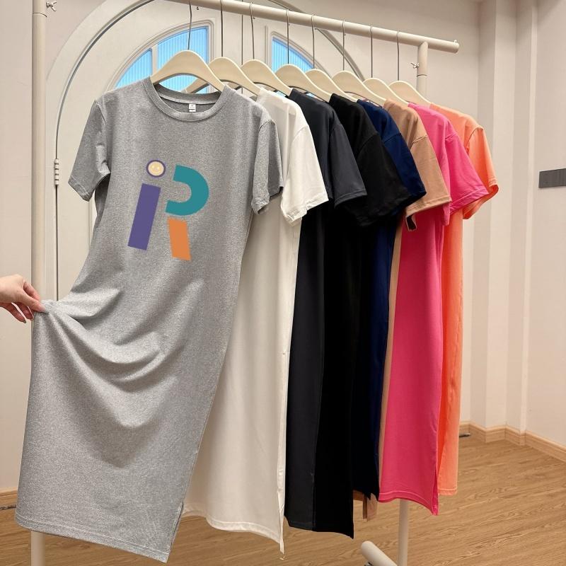 Loose-fitting Large-sized Women's Round-neck Short-sleeved T-shirt Dress, Long Laid-back Style Dress, Knee-length Sleeping Dress