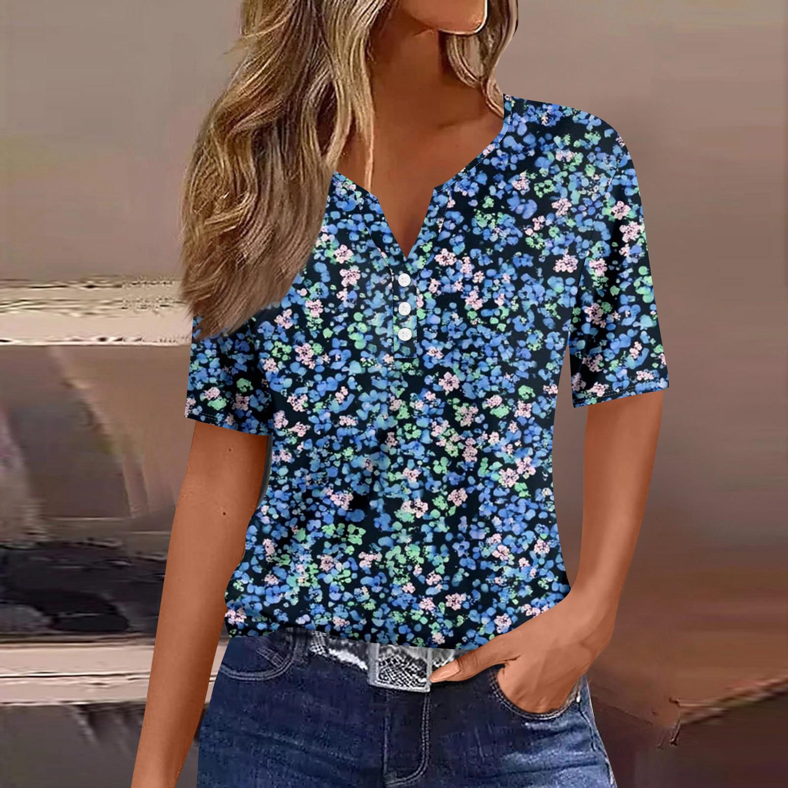 Women s Fashion Casual Short Sleeve Floral Print Top L
