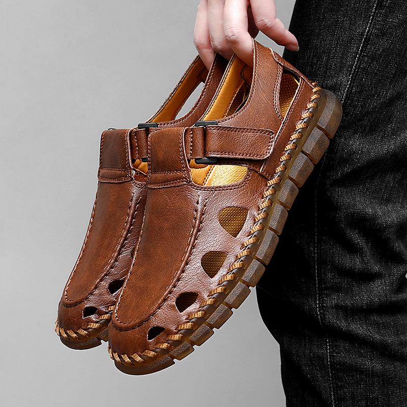 FashionGenuine Leather Men's Summer Shoes Hot Sale Male Sandals New Fashion Handmade Hollow Out Roma Flats Quick Dry Wading Aqua Shoes