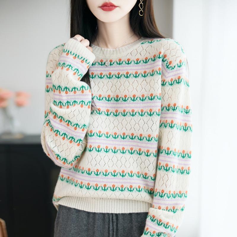 Women's 100% Wool Striped Round Neck Jacquard Knit Sweater with Long Sleeves