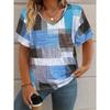 Summer Women Grid Stripe V Neck Casual Fashion Tops Comfortable Loose Short Sleeve Female T-shirt