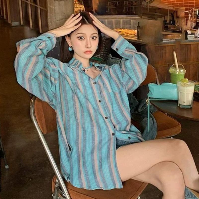Striped Women's Shirt Turndown Collar Single Breasted Button Loose Fitting Famale Shirts French Style Casual Ladies Long Sleeved Top