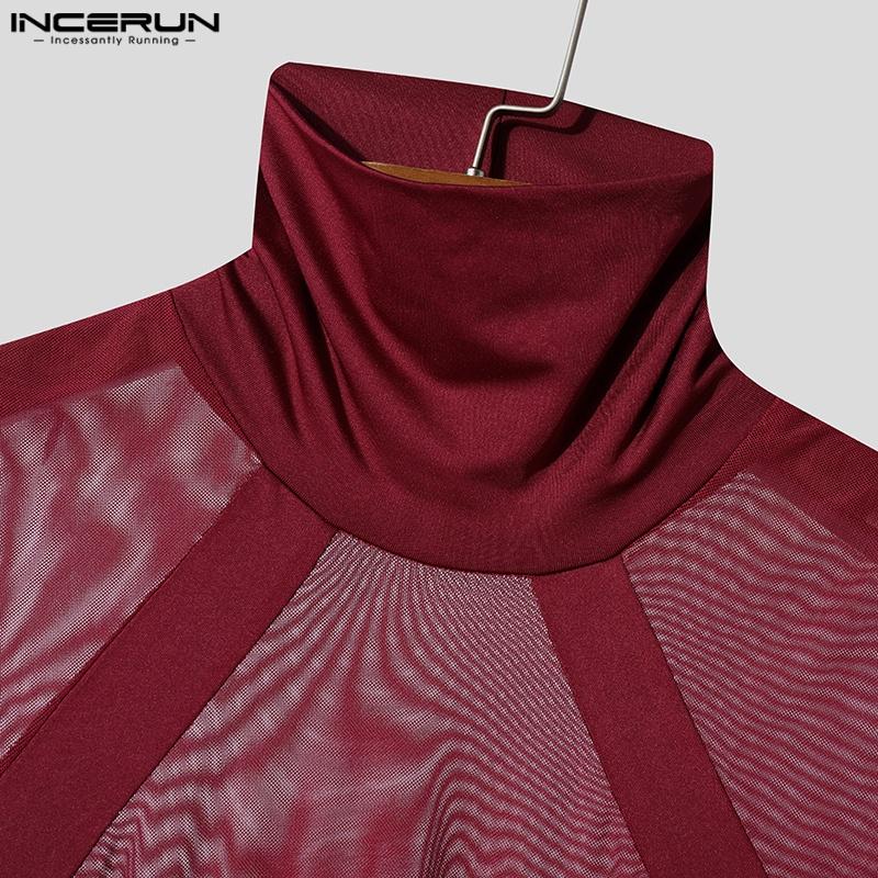 INCERUN Letní pánské rolákové tričko s krátkým rukávem, prošívané síťovinou, průsvitné, ležérní