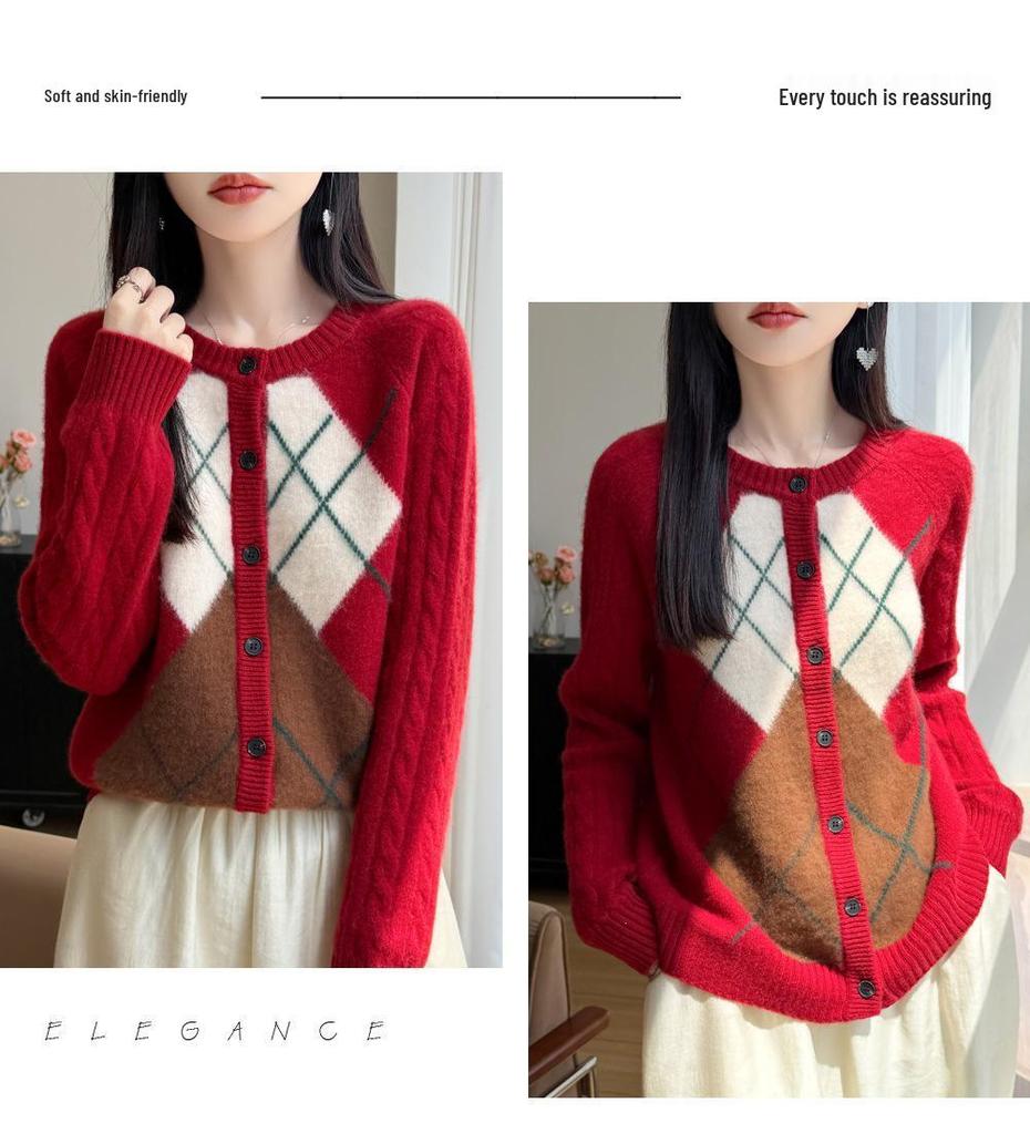 Women's Diamond Patchwork Pure Wool Knit Cardigan Sweater, Round Neck, Long Sleeve - 2026 Autumn/Winter.