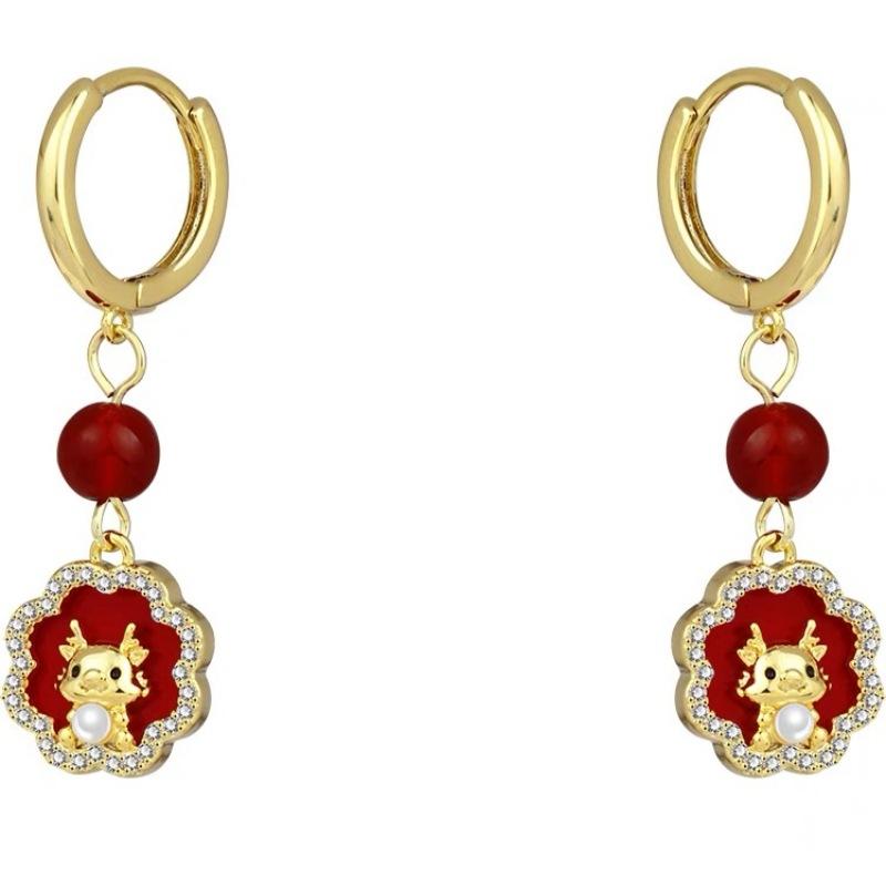 Chinese Style National Style New Dragon Chinese Style Red Earrings Niche Design Versatile Sweet Earrings Light Luxury Personalized Earrings