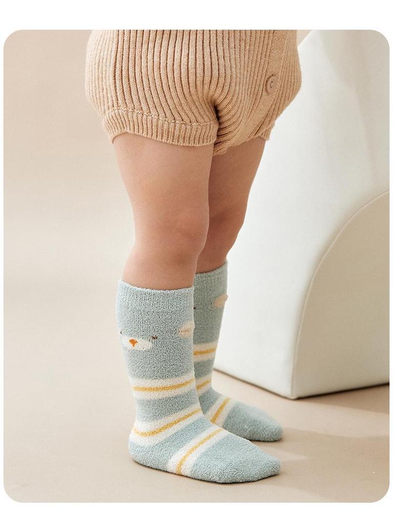 Autumn Winter Warm Mid-Calf Baby Socks - Seamless Cartoon Stripes for Infants & Toddlers