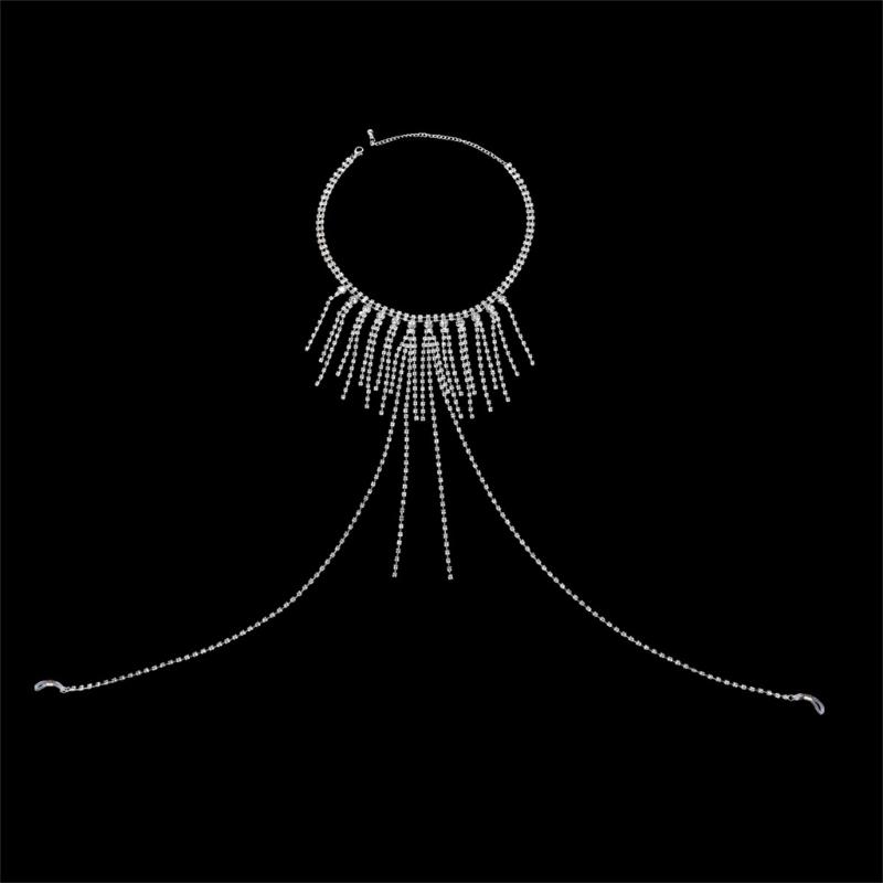 Crystal Rhinestones Fringe Body Chain Necklace Stylish Bra Chain Fashion Neck Jewelry Piece For Evening Event