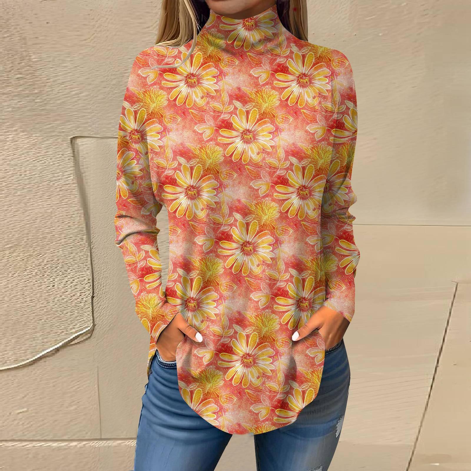 

Женская свободная футболка с высоким воротом и длинными рукавами с цветочным принтом в стиле ретро, топ-пуловер XXXL оранжевый