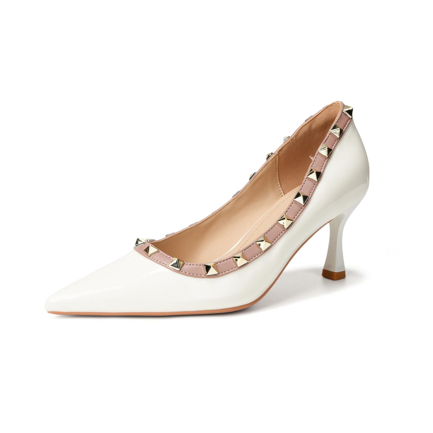 

2025 Spring and Autumn New~ Metal Rivet High Heel Sexy Pointed Thin Heel Single Shoes Shallow Mouth One Pedal Women s Shoes 40
