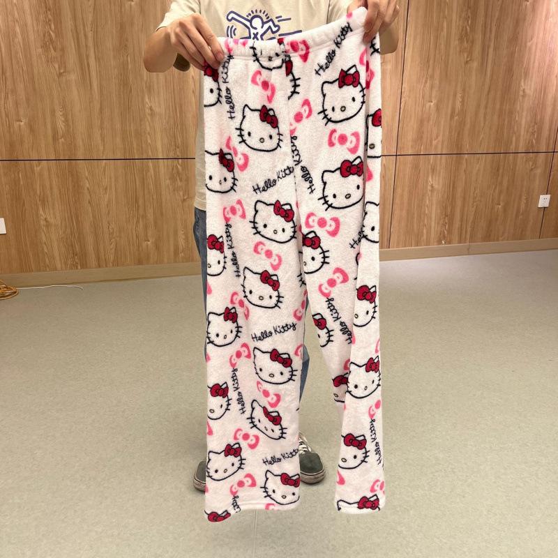 Cartoon Cat Christmas Flannel Pajama Pants for Women - Cozy Winter Kitty Fleece Lounge Wear