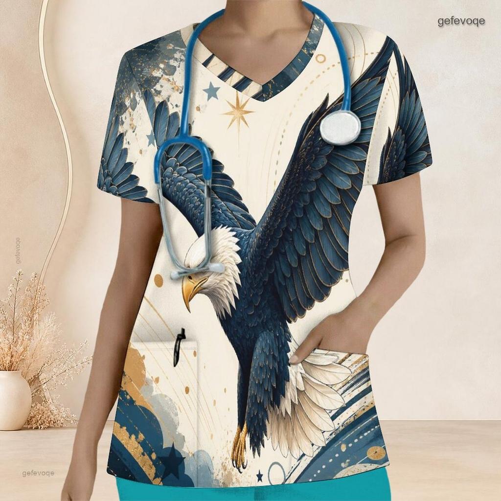 Women Plus Size V Neck Short Sleeve American Eagle Printed Nurse Scrub Top With Front Pockets