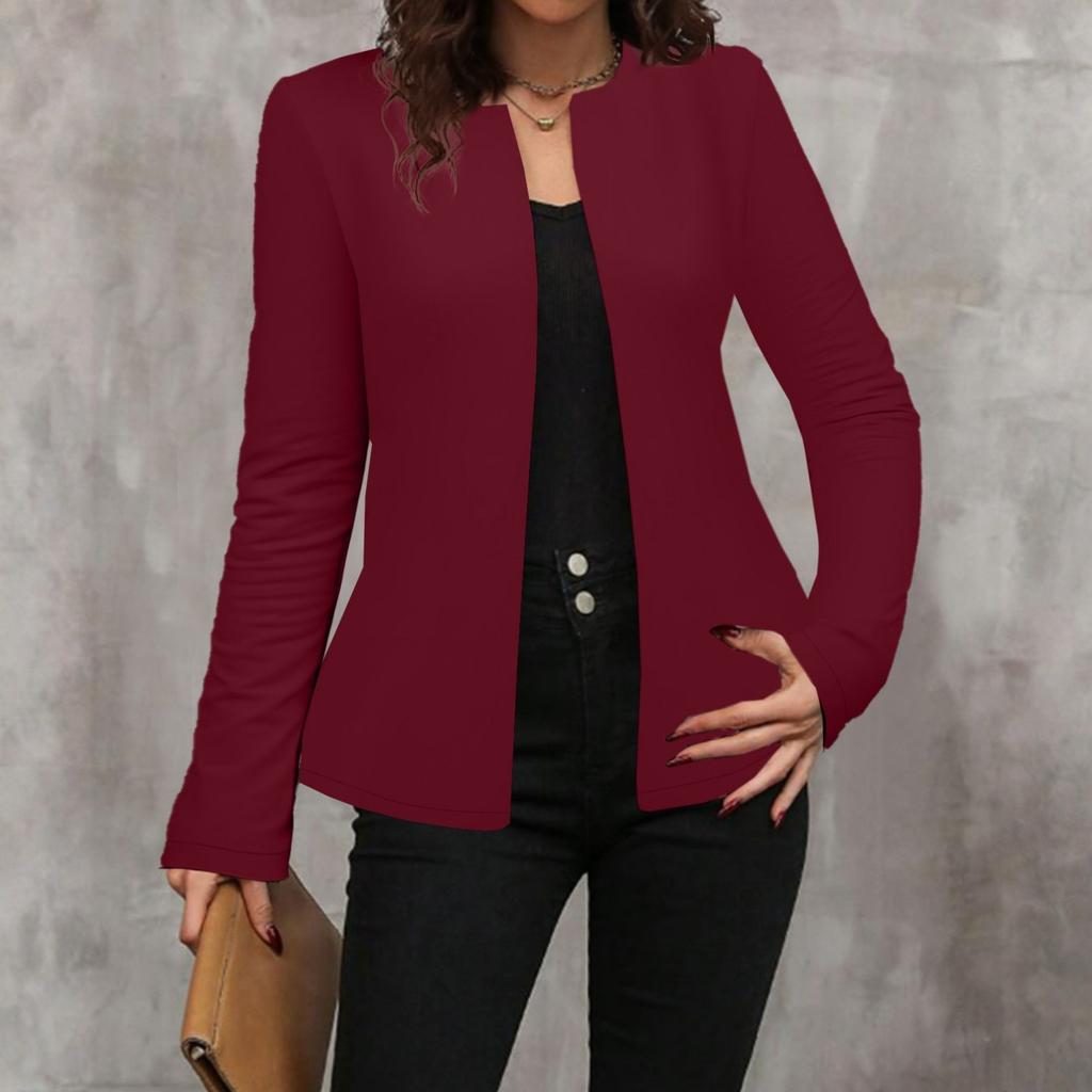 Women's Fashionable Solid Color Round Neck Long Sleeved Button Cardigan Jacket