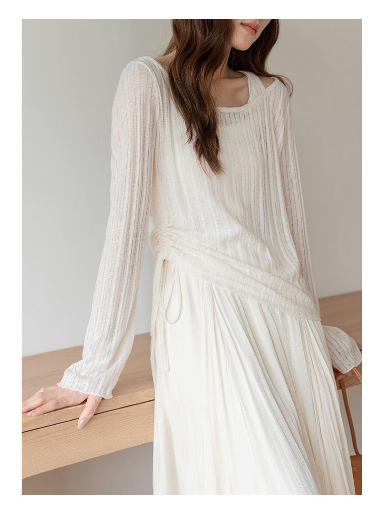 Korean Style Pleated Drawstring See-through Sun Protection Long Sleeve Women's Autumn/Winter Top