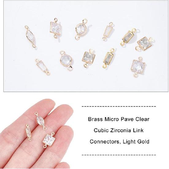 NBEADS 60 Pcs 6 Styles Cubic Zirconia Link Charm, Brass Micro Pave Charms Clear Cubic Zirconia Links, Horse Eye Square Rectangle Trapezoid Round Oval