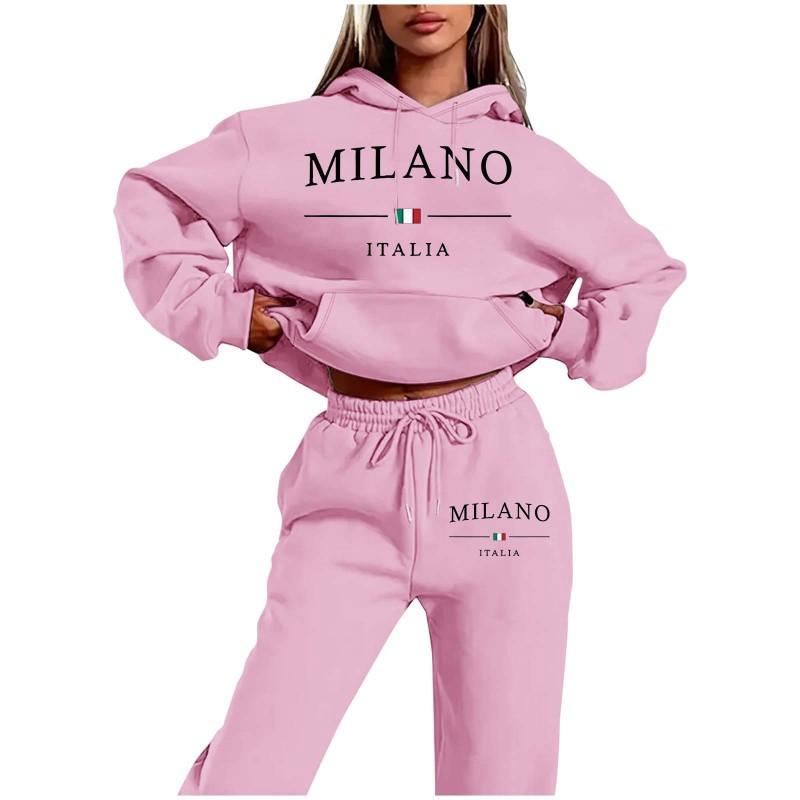 MILANO Plus Size Fleece Lined Hoodie Set Women Streetwear Printed Casual Tracksuit