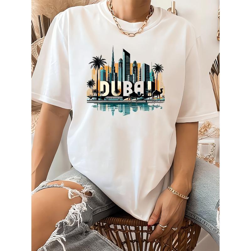 

European Size Women s Dubai Skyline Print T-Shirt - Short Sleeve Round Neck Casual Top Suitable for Travel S белый