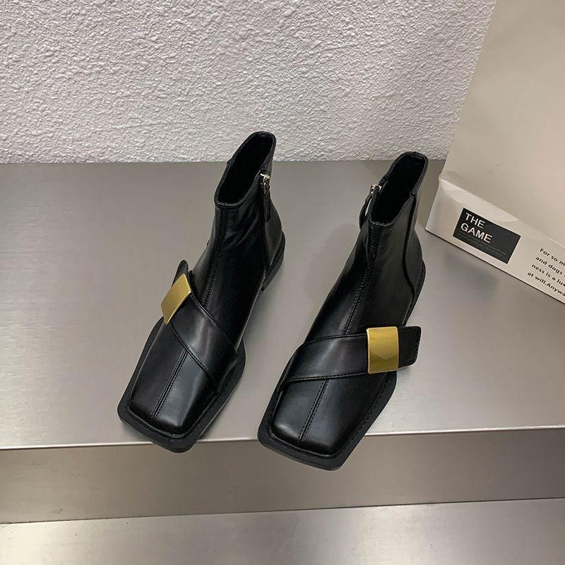 Black Leather Ankle Boots For Women Elegant With Low Heels Woman Short Shoes Spring Autumn Square Toe Booties Footwear