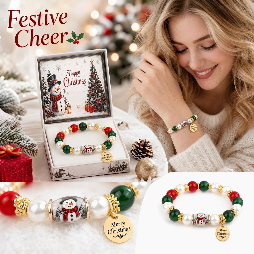 Personalized Custom Engraved Christmas Theme Bracelet with and Natural, Holiday Jewelry Gift