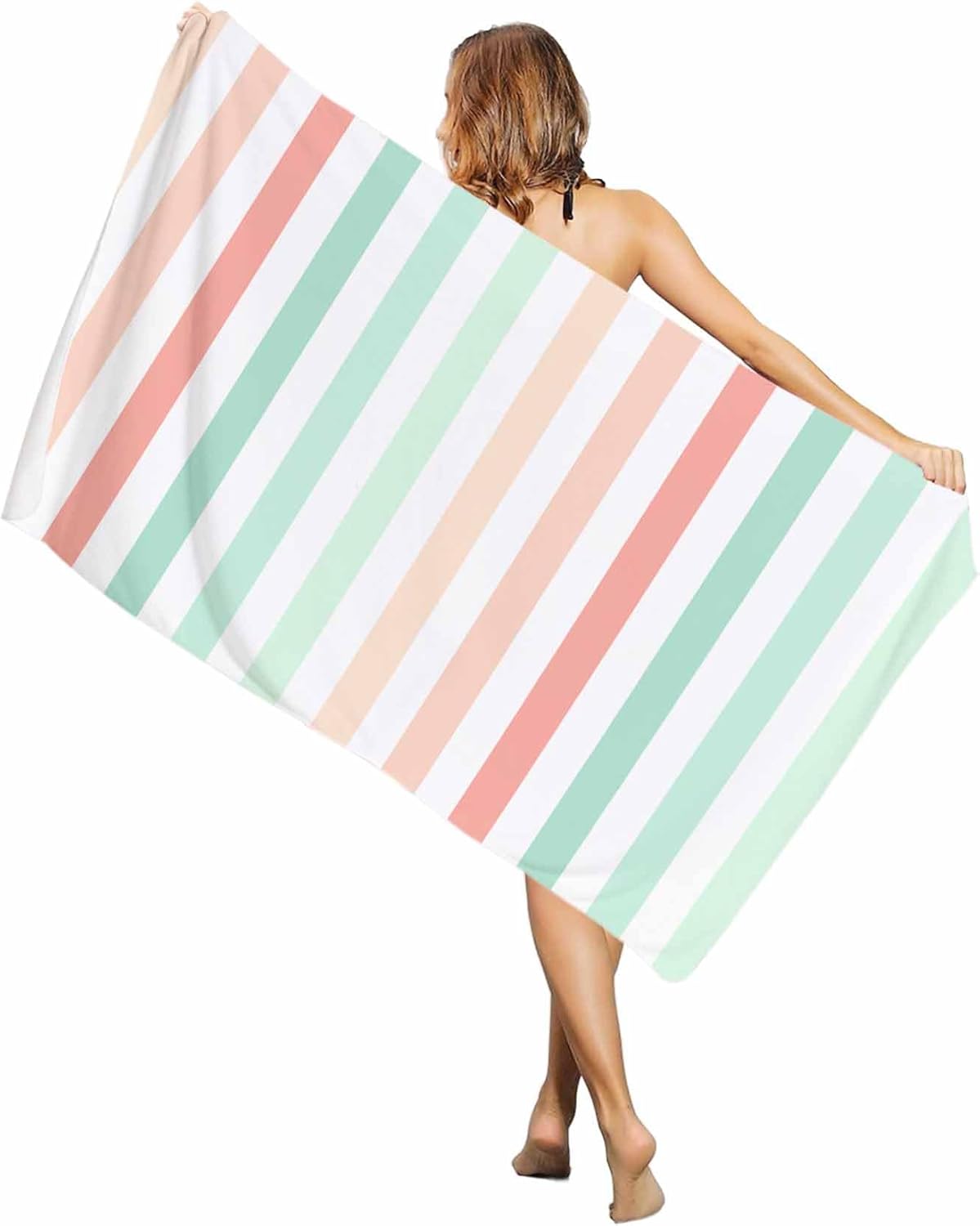 

Beach Towel Pink Green Stripes Bath Pool Towels Lines Striped Absorbent Beach Towel Soft Large Quick Dry Lightweight Camping W40*H60(CM)