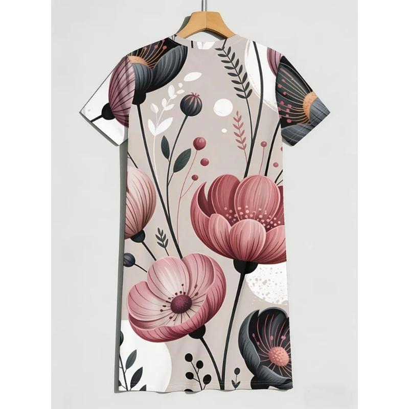 Plus Size Women Summer Midi Dress O Neck Short Sleeve 3D Floral Print Loose Casual Beach Holiday A-line Dresses
