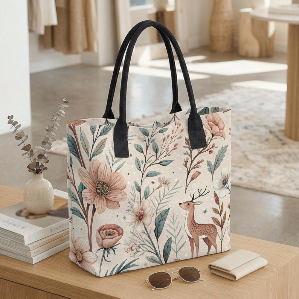 Floral Deer Print Tote Bag Cute Casual Large Capacity Shoulder Handbag for Daily Use