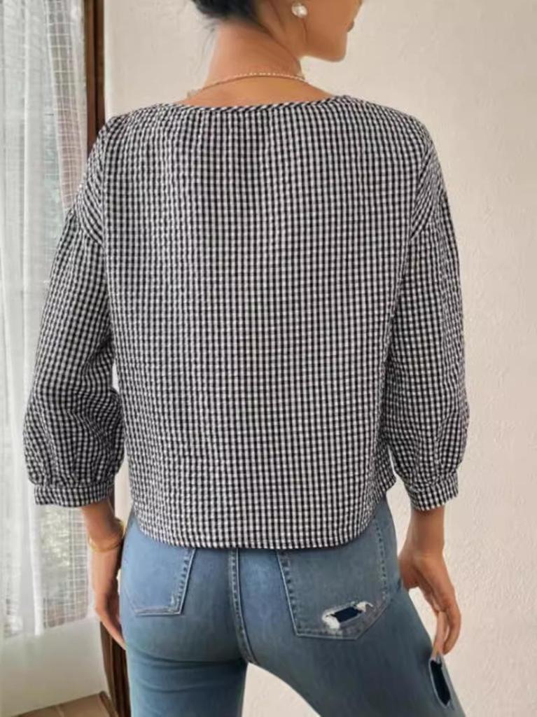 Women's Casual Plaid Seven-Sleeve Pullover Shirt
