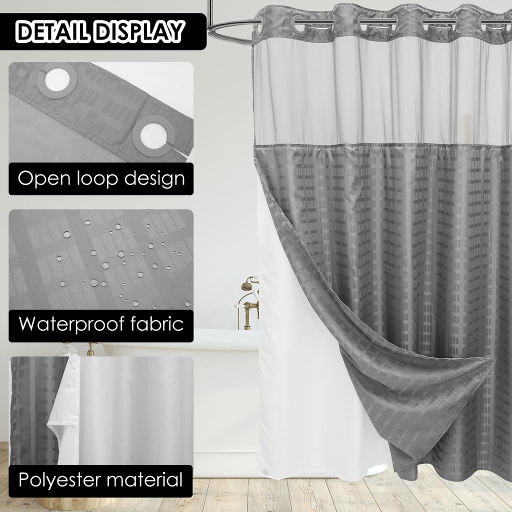 Waterproof Shower Curtain 180x188cm No Hook Shower Curtain Double Layer with Snap Contemporary Design Hotel Bathroom Curtain