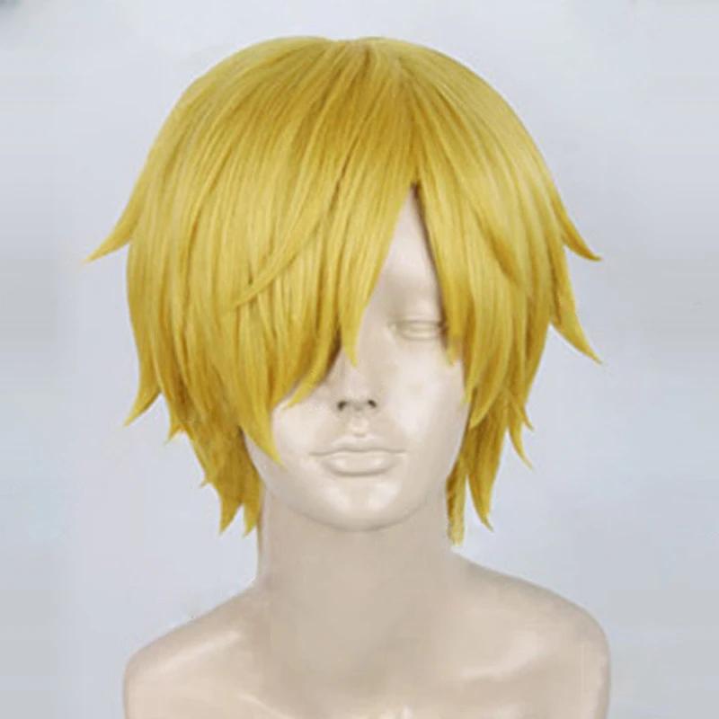 Anime One Piece Sanji Perruque Cosplay Courte Lisse Jaune Doré Résistante à la Chaleur Cheveux Synthétiques Perruques Haute Qualité One Size or
