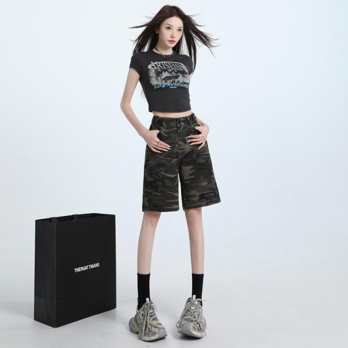 2025 Spring/Summer Women s Camouflage Denim Shorts - Hot Girl Style with Elastic Waist S