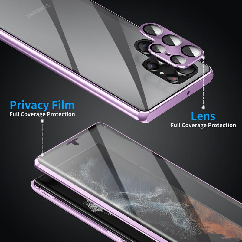 For Samsung Galaxy S22 Ultra 5G Phone Case Double-Sided Tempered Glass+Magnetic Metal Frame Cover with Lock Buckle