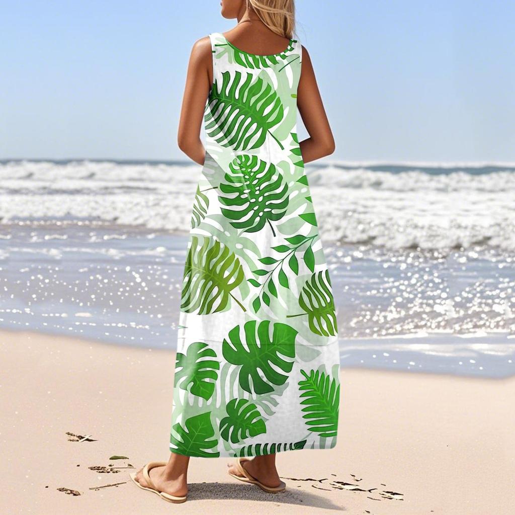 Women's Summer Fashion Round Neck Sleeveless Beach Dress Floral Printed Dresses