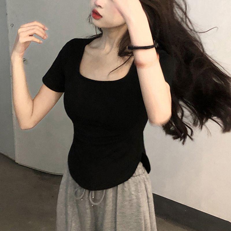 

Женская футболка с коротким рукавом и квадратным вырезом, весенне-осенние новые тонкие повседневные рубашки с нерегулярным подолом для девочек XL чёрный