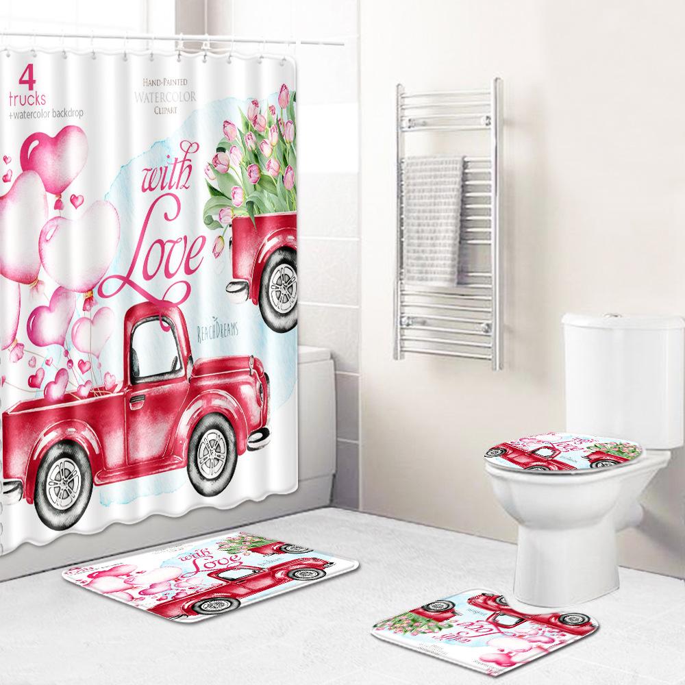 Valentine'S Day Toilet Shower Curtain Four-Piece Printed Floor Mat Set Bathroom Floor Mat Bedroom Absorbent Door Mat Carpet