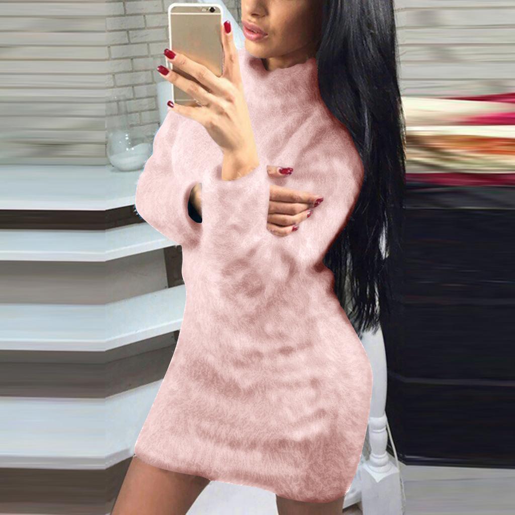 Women's High Neck Long Sleeve Plush Dress Women's And Winter Plush Knitting Solid Color Casual Dress