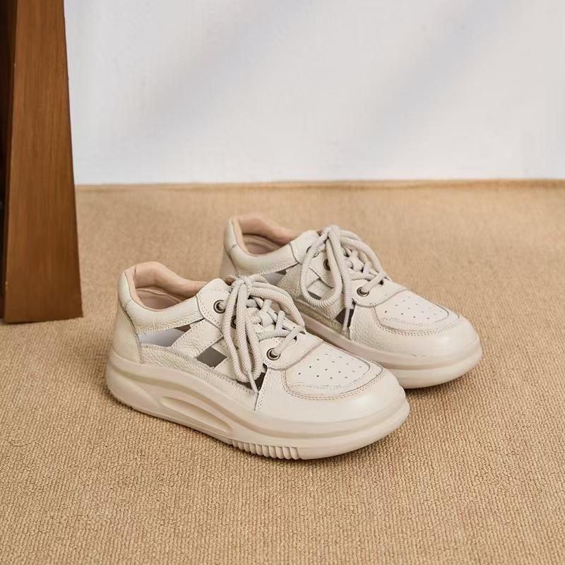 

The first layer of cowhide retro sandals women s summer new hollow thick-soled color matching sandals lightweight sports sandals 35 бежевый