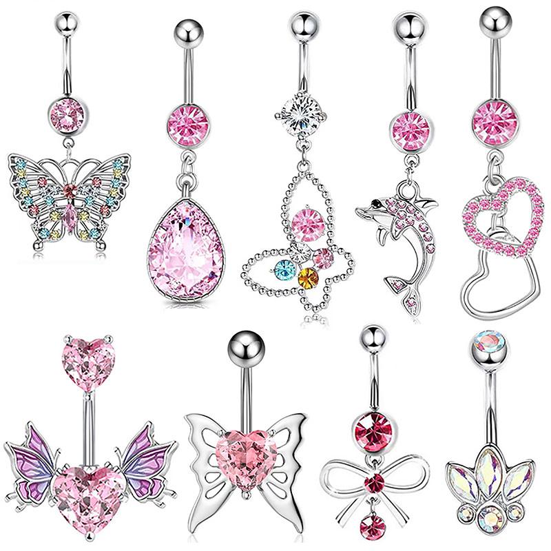 Pink Zircon Belly Button Rings Dangle Heart Butterfly Navel Piercing Stainless Steel Belly Bar For Women Body Piercing Jewelry